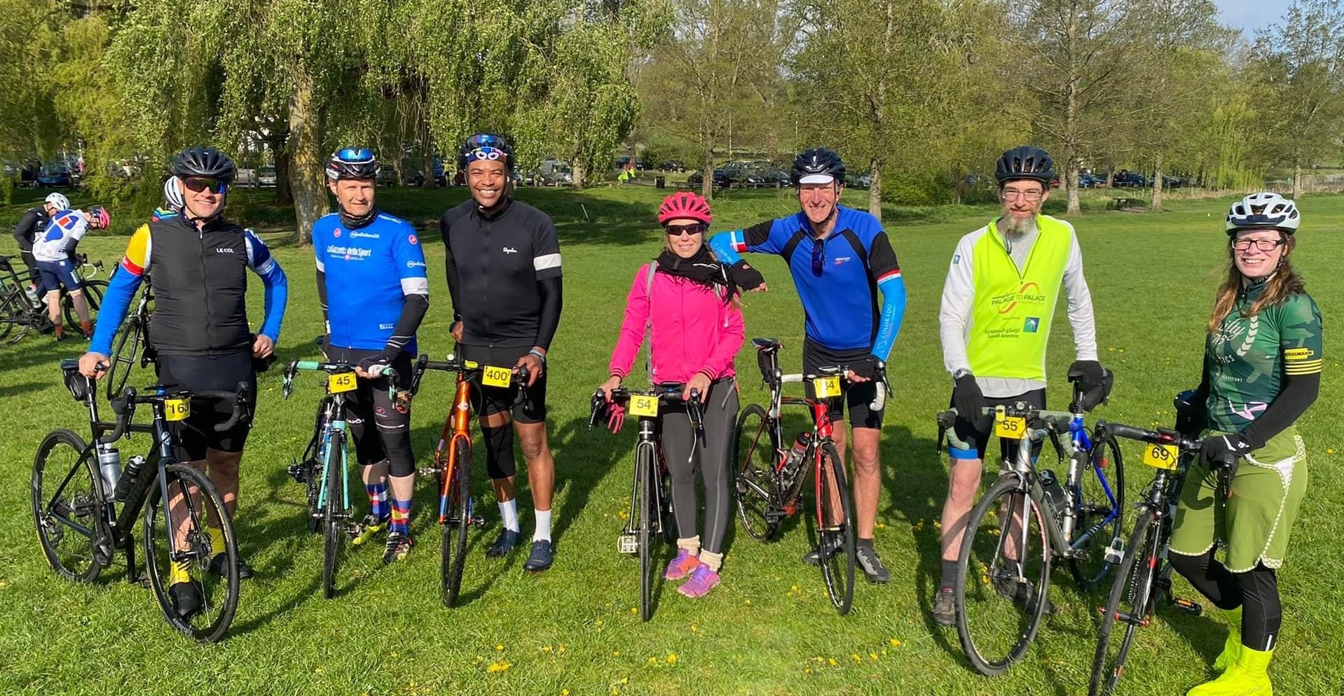 Riders including Alan Day Group's Jeremy Braithwaite, third from left, prepare to set off on the 2022 DENS Hemel Hillbuster, Apr 2022