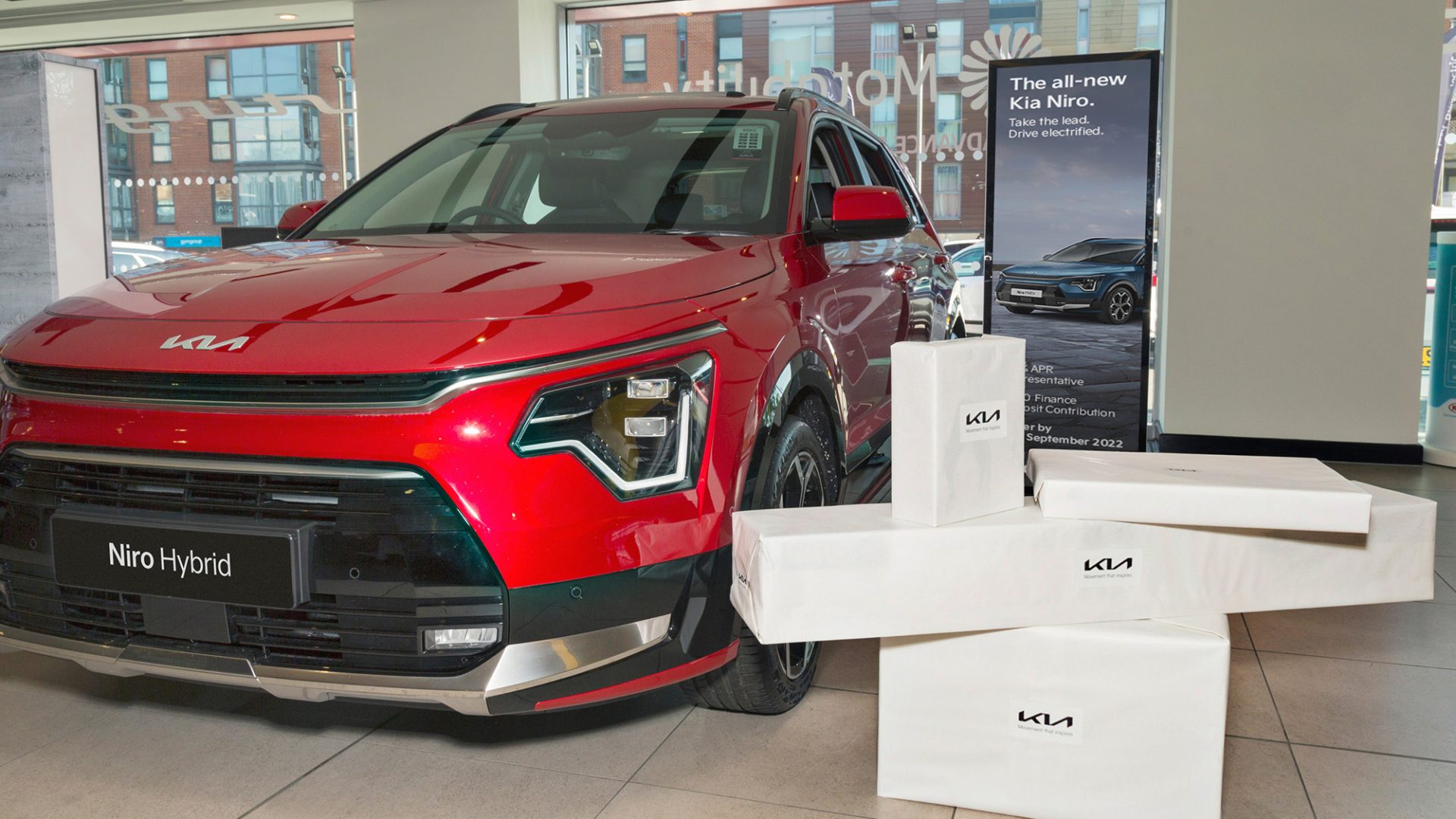 Kia Niro with prizes photographed at Humming Bird Kia (Colindale)