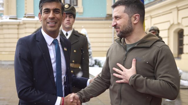 In this photo provided by the Ukrainian Presidential Press Office, Ukrainian President Volodymyr Zelenskyy, right, shakes hands with British Prime Minister Rishi Sunak during their meeting in Kyiv, Ukraine, Saturday, Nov. 19, 2022