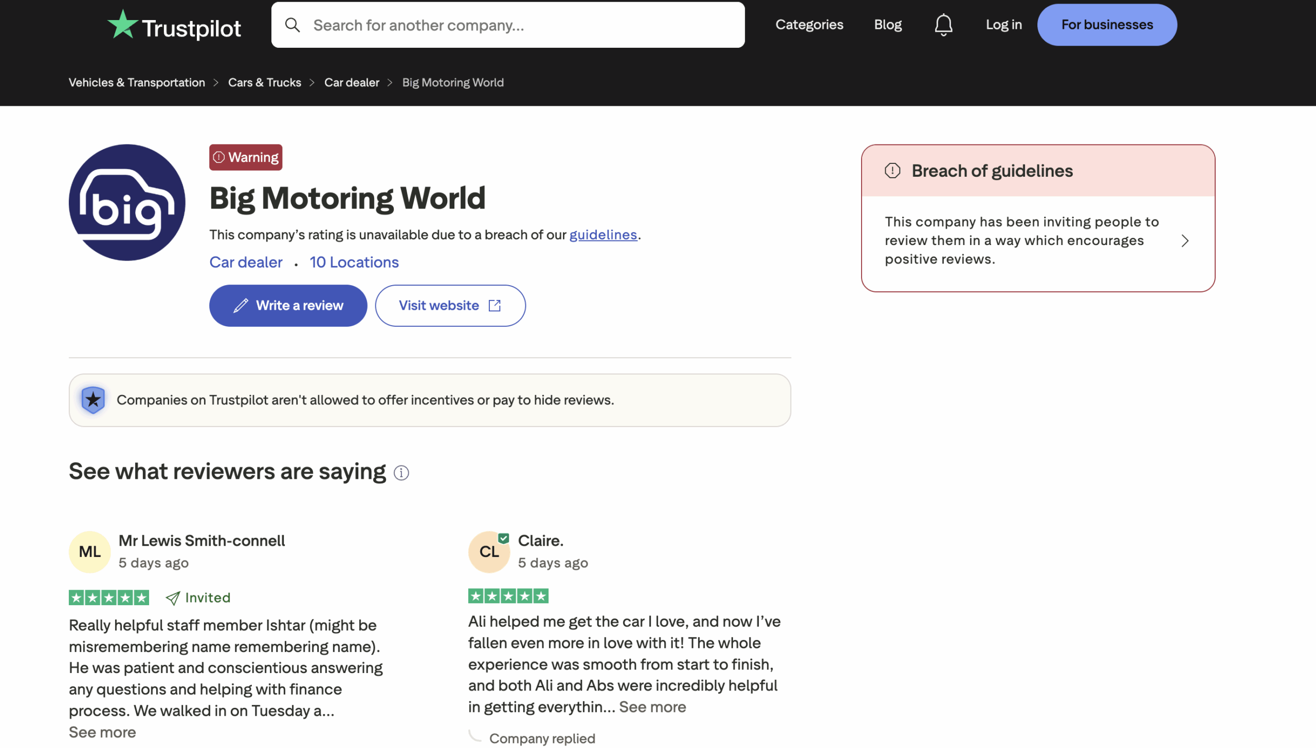 Big Motoring World Trustpilot page
