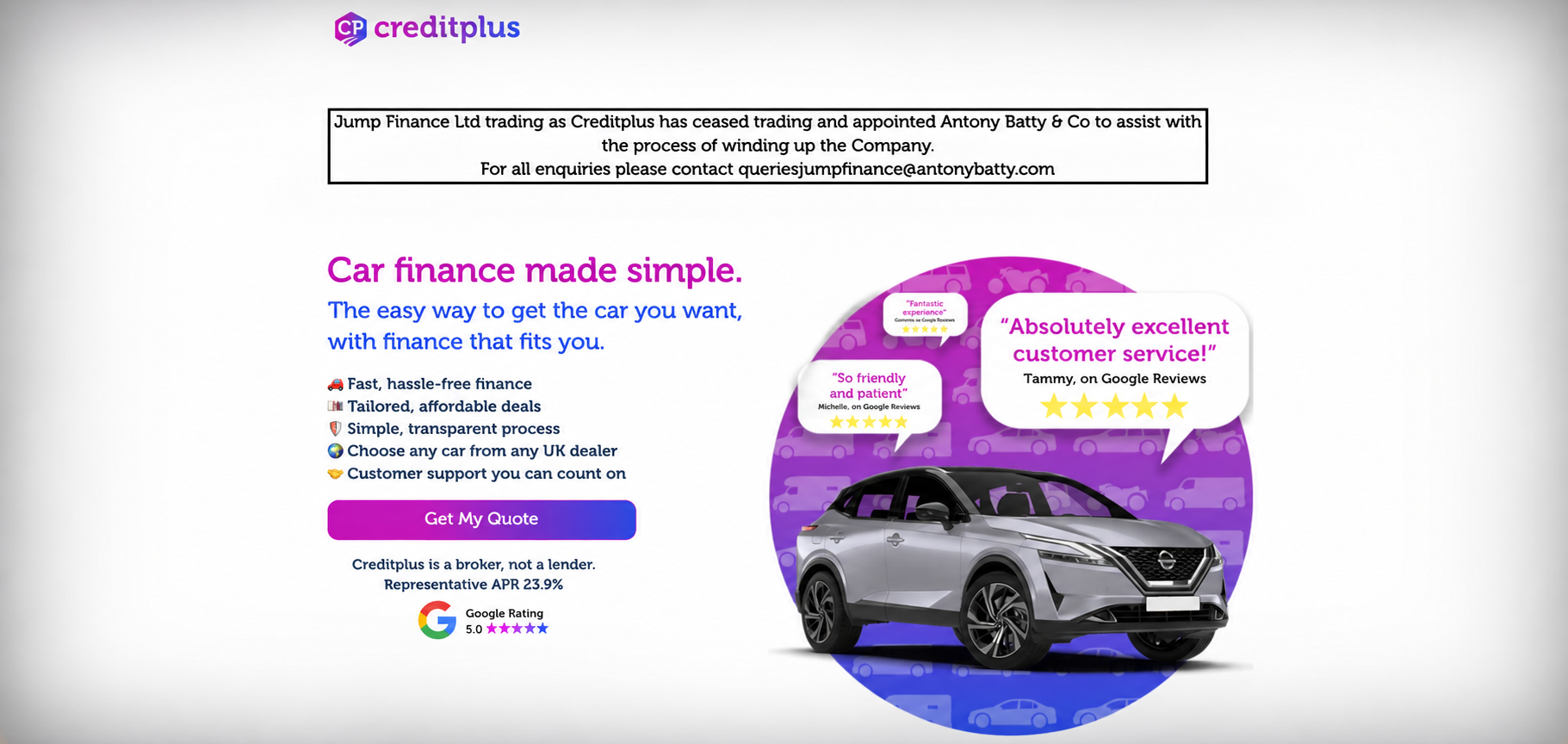 British car finance broker Creditplus ceases trading, parent firm appoints administrator